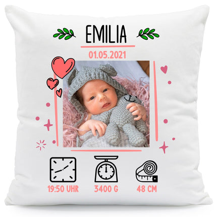 SEO. Bedrucktes Kissen mit Babyfoto und Geburtsdaten - Rosa Linkreich