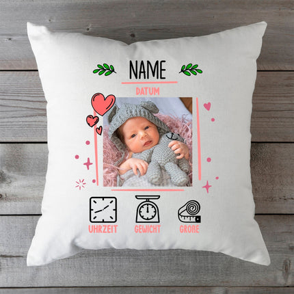 SEO. Bedrucktes Kissen mit Babyfoto und Geburtsdaten - Rosa Linkreich