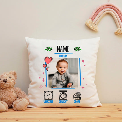 SEO. Bedrucktes Kissen mit Babyfoto und Geburtsdaten - Blau Linkreich