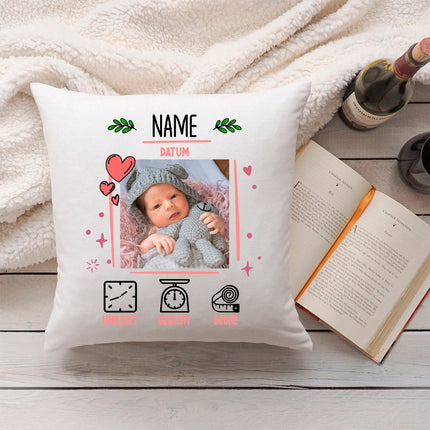 SEO. Bedrucktes Kissen mit Babyfoto und Geburtsdaten - Rosa Linkreich