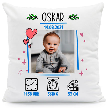 SEO. Bedrucktes Kissen mit Babyfoto und Geburtsdaten - Blau Linkreich