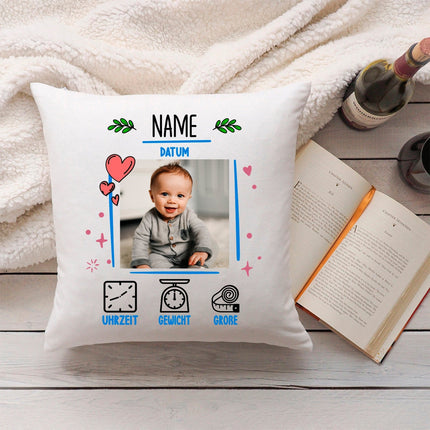SEO. Bedrucktes Kissen mit Babyfoto und Geburtsdaten - Blau Linkreich