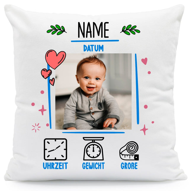 SEO. Bedrucktes Kissen mit Babyfoto und Geburtsdaten - Blau Linkreich