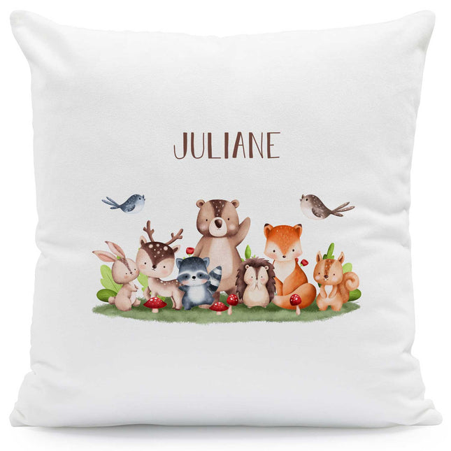 SEO. Bedrucktes Kissen mit einer Tiergruppe - Personalisiert mit Name - Wald Linkreich