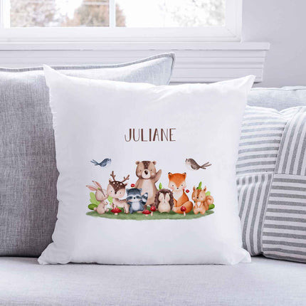 SEO. Bedrucktes Kissen mit einer Tiergruppe - Personalisiert mit Name - Wald Linkreich