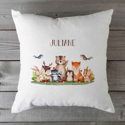 SEO. Bedrucktes Kissen mit einer Tiergruppe - Personalisiert mit Name - Wald Linkreich