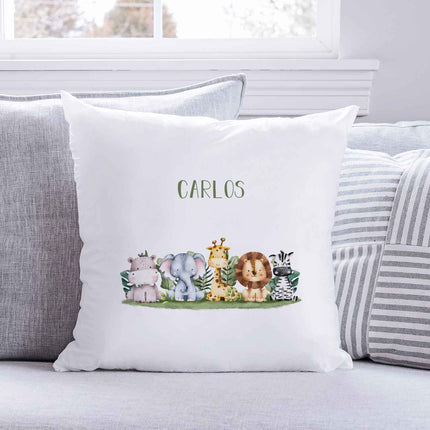 SEO. Bedrucktes Kissen mit einer Tiergruppe - Personalisiert mit Name - Safari Linkreich