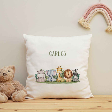 SEO. Bedrucktes Kissen mit einer Tiergruppe - Personalisiert mit Name - Wald Linkreich