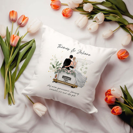SEO. Bedrucktes Kissen mit Konfiguration im Hochzeitsauto Design - Linkreich