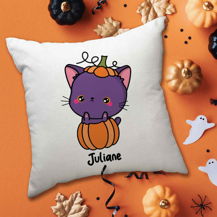 SEO. Bedrucktes Kissen mit Motiv Halloween Tiere - Katze im Kürbis Linkreich