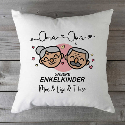 SEO. Bedrucktes Kissen mit Motiv "Oma & Opa Enkelkind" mit Wunschnamen - Enkelkinder Linkreich