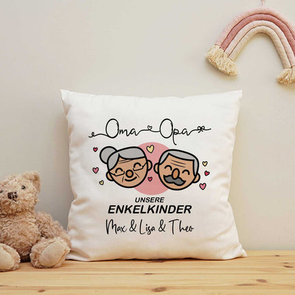 SEO. Bedrucktes Kissen mit Motiv "Oma & Opa Enkelkind" mit Wunschnamen - Enkelkinder Linkreich