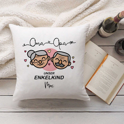 SEO. Bedrucktes Kissen mit Motiv "Oma & Opa Enkelkind" mit Wunschnamen - Enkelkinder Linkreich