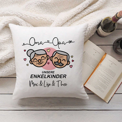 SEO. Bedrucktes Kissen mit Motiv "Oma & Opa Enkelkind" mit Wunschnamen - Enkelkinder Linkreich