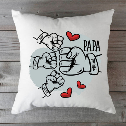 SEO. Bedrucktes Kissen mit Motiv Papa fist bump - 3 Kinder Linkreich