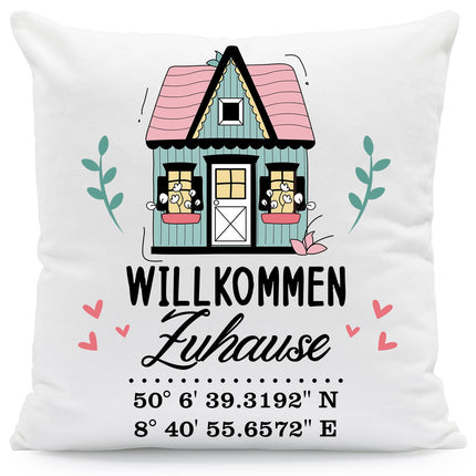 SEO. Bedrucktes Kissen mit Motiv Willkommen Zuhause mit Koordinaten - ohne Füllung Linkreich