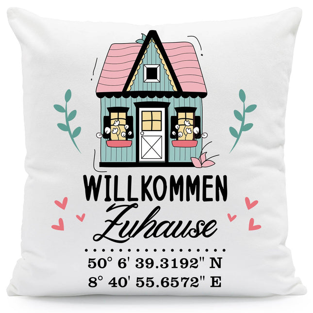 SEO. Bedrucktes Kissen mit Motiv Willkommen Zuhause mit Koordinaten - ohne Füllung Linkreich