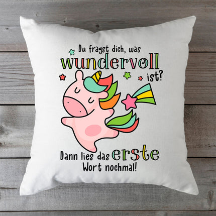 SEO. Bedrucktes Kissen mit Spruch Du fragst dich, was wundervoll ist - ohne Füllung Linkreich