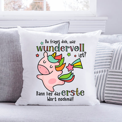 SEO. Bedrucktes Kissen mit Spruch Du fragst dich, was wundervoll ist - ohne Füllung Linkreich