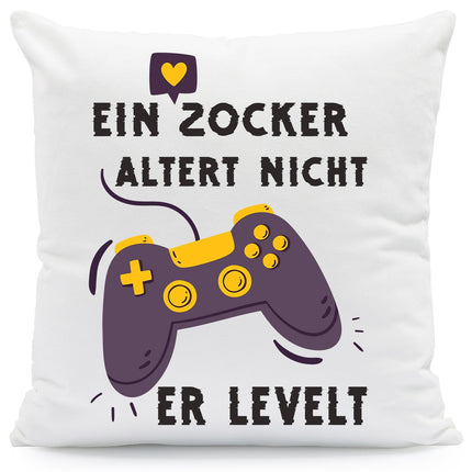 SEO. Bedrucktes Kissen mit Spruch Ein Zocker altert nicht er levelt - mit Füllung Linkreich