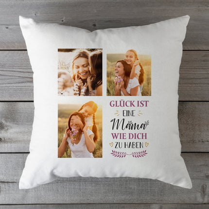 SEO. Bedrucktes Kissen mit Spruch Glück ist eine Mama wie dich zu haben & eigenen Fotos - ohne Füllung Linkreich