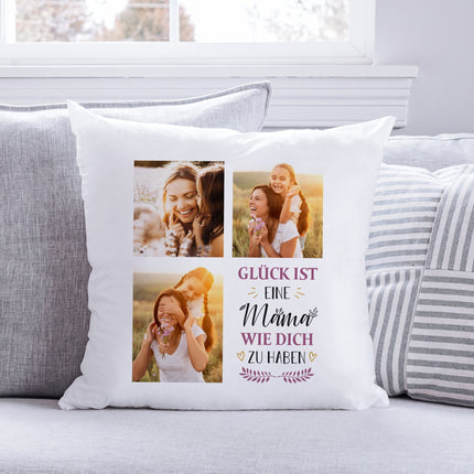 SEO. Bedrucktes Kissen mit Spruch Glück ist eine Mama wie dich zu haben & eigenen Fotos - ohne Füllung Linkreich