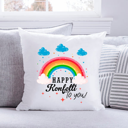 SEO. Bedrucktes Kissen mit Spruch Happy Konfetti to you! - ohne Füllung Linkreich