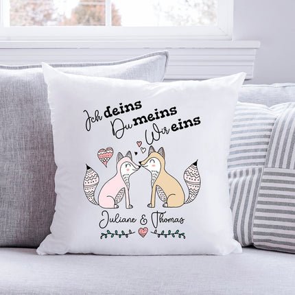 SEO. Bedrucktes Kissen mit Spruch Ich deins, Du meins, Wir eins - ohne Füllung Linkreich