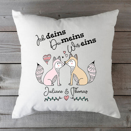 SEO. Bedrucktes Kissen mit Spruch Ich deins, Du meins, Wir eins - ohne Füllung Linkreich