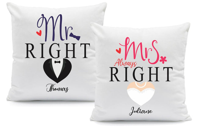 SEO. Bedrucktes Kissen mit Spruch Mr & Mrs always Right im Set - ohne Füllung Linkreich