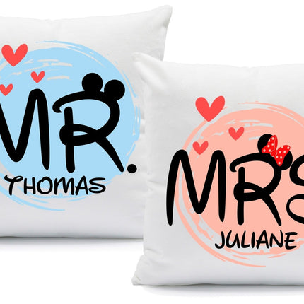 SEO. Bedrucktes Kissen mit Spruch - Mr & Mrs Mouse mit Namen - Mr und Mrs Linkreich