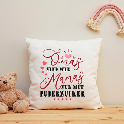 SEO. Bedrucktes Kissen mit Spruch Omas sind wie Mamas nur mit Puderzucker - ohne Füllung Linkreich