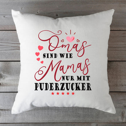 SEO. Bedrucktes Kissen mit Spruch Omas sind wie Mamas nur mit Puderzucker - ohne Füllung Linkreich