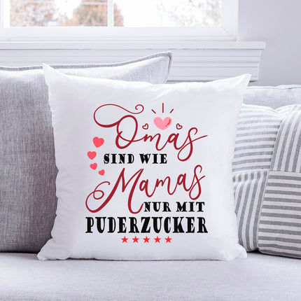 SEO. Bedrucktes Kissen mit Spruch Omas sind wie Mamas nur mit Puderzucker - ohne Füllung Linkreich