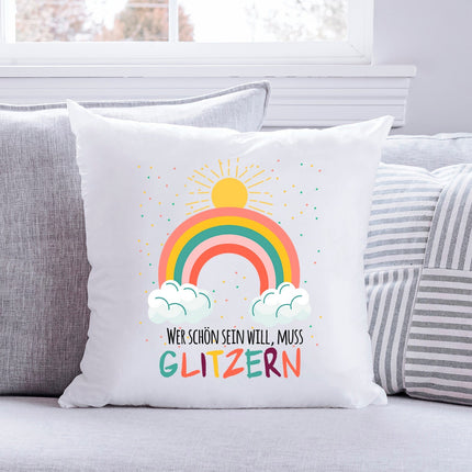 SEO. Bedrucktes Kissen mit Spruch Wer schön sein will, muss glitzern - ohne Füllung Linkreich