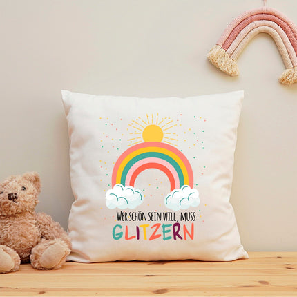 SEO. Bedrucktes Kissen mit Spruch Wer schön sein will, muss glitzern - ohne Füllung Linkreich