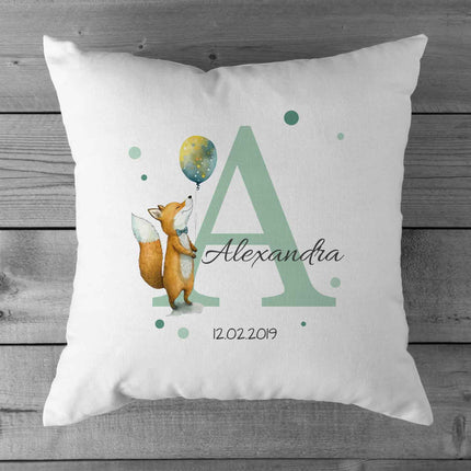 SEO. Bedrucktes Kissen mit Tiermotiv und Initiale - Personalisiert mit Name und Datum - Fuchs Linkreich