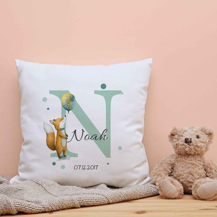 SEO. Bedrucktes Kissen mit Tiermotiv und Initiale - Personalisiert mit Name und Datum - Fuchs Linkreich