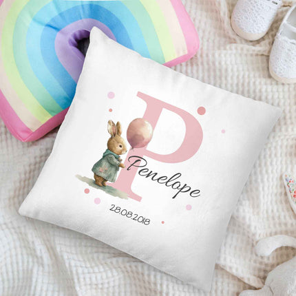 SEO. Bedrucktes Kissen mit Tiermotiv und Initiale - Personalisiert mit Name und Datum - Hase Linkreich