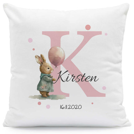 SEO. Bedrucktes Kissen mit Tiermotiv und Initiale - Personalisiert mit Name und Datum - Hase Linkreich