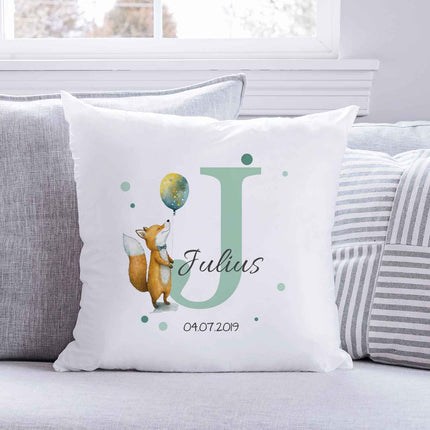 SEO. Bedrucktes Kissen mit Tiermotiv und Initiale - Personalisiert mit Name und Datum - Fuchs Linkreich