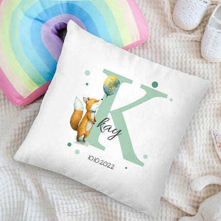 SEO. Bedrucktes Kissen mit Tiermotiv und Initiale - Personalisiert mit Name und Datum - Fuchs Linkreich