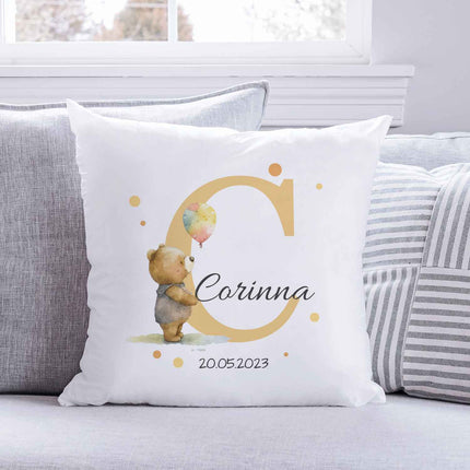 SEO. Bedrucktes Kissen mit Tiermotiv und Initiale - Personalisiert mit Name und Datum - Bär Linkreich