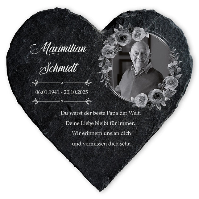 SEO. Bedrucktes Schieferherz - In Gedenken V1 - Personalisiertes Geschenk - 12 x 12 cm Linkreich