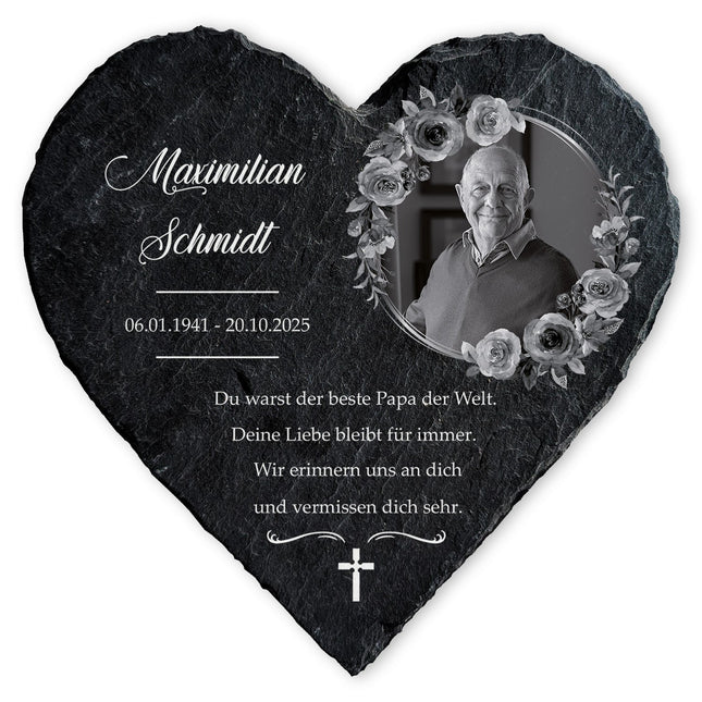 SEO. Bedrucktes Schieferherz - In Gedenken V2 - Personalisiertes Geschenk - 12 x 12 cm Linkreich
