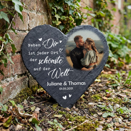 SEO. Bedrucktes Schieferherz - Paarfoto - Personalisiertes Geschenk - 12 x 12 cm Linkreich