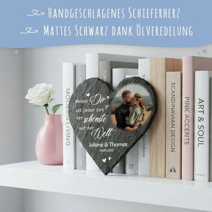 SEO. Bedrucktes Schieferherz - Paarfoto - Personalisiertes Geschenk - 12 x 12 cm Linkreich