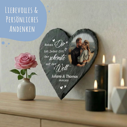SEO. Bedrucktes Schieferherz - Paarfoto - Personalisiertes Geschenk - 12 x 12 cm Linkreich