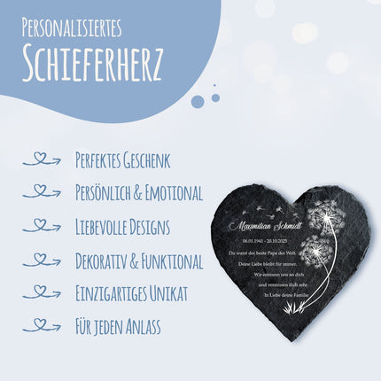 SEO. Bedrucktes Schieferherz - Pusteblume - Personalisiertes Geschenk - 12 x 12 cm Linkreich