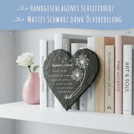 SEO. Bedrucktes Schieferherz - Pusteblume - Personalisiertes Geschenk - 12 x 12 cm Linkreich